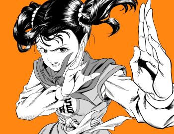 Rule 34 | 1girl, commentary request, dragon quest, dragon quest iii, fighting stance, greyscale with colored background, highres, lee (dragon garou), martial artist (dq3), neckerchief, open mouth, orange background, serious, solo, twintails, upper body, v-shaped eyebrows