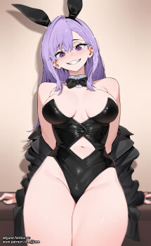 1girl animal_ears bare_shoulders black_bow black_bowtie black_leotard bow bowtie breasts cleavage clenched_teeth clothing_cutout detached_collar fake_animal_ears fanbox_username grin highleg highleg_leotard highres jjune large_breasts leotard long_hair looking_at_viewer navel navel_cutout original parted_bangs patreon_username playboy_bunny purple_eyes purple_hair rabbit_ears sitting smile solo teeth thighs
