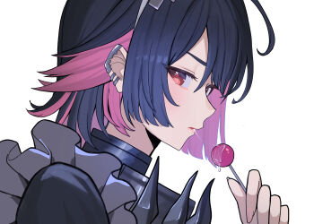 1girl absurdres black_hair candy colored_inner_hair commentary earclip ellen_joe english_commentary food from_side hairband hand_up highres holding holding_candy holding_food holding_lollipop lollipop looking_at_viewer metal_hairband multicolored_hair open_mouth oro_(lsg0624) profile red_eyes saliva saliva_trail shark_girl short_hair simple_background solo white_background zenless_zone_zero