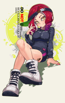 Rule 34 | 1girl, artist name, boots, breasts, closed mouth, collarbone, commentary, crossed legs, drill hair, english commentary, full body, hand in own hair, highres, jinkoika, long sleeves, looking at viewer, medium hair, nintendo, octoling, octoling girl, octoling player character, red hair, shirt, shorts, sitting, smile, solo, splatoon (series), suction cups, tentacle hair, twitter username, visor cap, watermark, white boots, yellow eyes