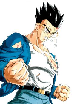 1boy absurdres anger_vein angry black_hair blonde_hair blood broken_glasses dragon_ball glasses highres muscular muscular_male pectorals serious solo son_gohan sweat tagme toriyama_akira_(style) torn_clothes white_background