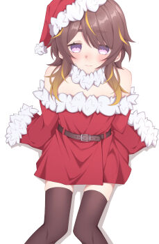Rule 34 | 1girl, absurdres, alternate costume, anya melfissa, aobara hairi, belt, black thighhighs, blonde streaks, brown belt, brown hair, closed mouth, dress, fur-trimmed dress, fur-trimmed headwear, fur trim, hat, highres, hololive, hololive indonesia, looking at viewer, multicolored hair, purple eyes, red dress, red hat, santa hat, sleeves past fingers, sleeves past wrists, solo, streaked hair, thighhighs, virtual youtuber, white background