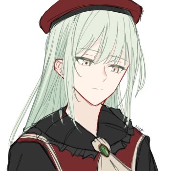 Rule 34 | 1girl, amakuma, ascot, bang dream!, bang dream! it's mygo!!!!!, beret, commentary, green hair, hat, highres, long hair, mortis (bang dream!), mortis (costume) (bang dream!), red hat, simple background, solo, upper body, wakaba mutsumi, white ascot, white background