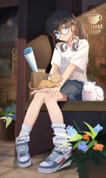 1girl absurdres ahoge blue_eyes brown_hair cat commentary_request glasses headphones headphones_around_neck highres looking_at_viewer loose_socks original ponytail shirt shoes short_sleeves sitting skirt smile sneakers socks solo wanliu white_shirt