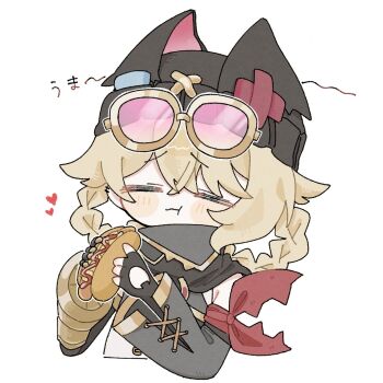 1girl bandana_around_arm beanie black_hat blonde_hair braid braided_hair_rings closed_eyes commentary_request eating fingerless_gloves food genshin_impact gloves goggles goggles_on_head gradient-tinted_eyewear hair_rings hat heart highres holding holding_food hot_dog jahoda_(genshin_impact) mechanical_arms single_mechanical_arm sirasu_37 solo tinted_eyewear white_background