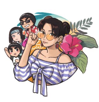 Rule 34 | 1girl, 3boys, arm up, balcony, black eyes, blue headband, bow, bowl cut, brown eyes, brown hair, chibi, commentary, double bun, earrings, english commentary, flower, hair bun, headband, heart, heart-shaped eyewear, highres, hyuuga neji, il1023il, jewelry, midriff, might guy, multiple boys, naruto (series), naruto shippuuden, off-shoulder shirt, off shoulder, orange-tinted eyewear, raglan sleeves, rock lee, shirt, signature, star (symbol), striped bow, striped clothes, striped shirt, sunglasses, tenten (naruto), tinted eyewear, tongue, tongue out, watermelon slice earrings