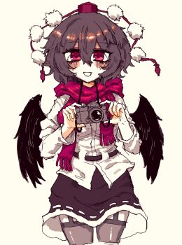 Rule 34 | 1girl, bird wings, black wings, blush, brown thighhighs, camera, garter straps, hair between eyes, hat, highres, holding, holding camera, long sleeves, looking at viewer, medium hair, open mouth, pink scarf, pom pom (clothes), rampa93, red eyes, red hat, ribbon-trimmed skirt, ribbon trim, scarf, shameimaru aya, shirt, simple background, smile, solo, thighhighs, tokin hat, touhou, white shirt, wings, yellow background