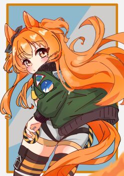 1girl animal_ears belt blush bomber_jacket bow breasts brown_ribbon dog_tags ear_bow ear_ribbon green_belt green_jacket hair_between_eyes heart_belt_buckle highres horse_ears horse_girl horse_tail jacket long_hair long_sleeves looking_at_viewer mayano_top_gun_(scramble_zone)_(umamusume) mayano_top_gun_(umamusume) orange_eyes orange_hair orange_tail ribbon ryuudachi shirt shorts simple_background solo tail two_side_up umamusume white_background white_shorts