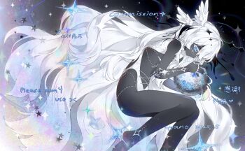 1girl absurdres black_skin blue_eyes closed_mouth colored_skin commission cyano fetal_position foot_out_of_frame head_wings highres long_hair original solo sparkle very_long_hair white_hair wings