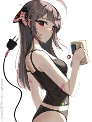 1girl ahoge arch_linux artist_name bandaid bandaid_on_arm bandaid_on_face black_panties black_tank_top blunt_bangs brown_hair bug cable cup ear_piercing electric_plug electric_plug_tail expressionless from_side highres holding holding_cup insect linux looking_at_viewer looking_to_the_side mole mole_under_eye moth mug nvidia original panties piercing red_eyes ringed_eyes spaghetti_strap tail tank_top underwear underwear_only upper_body vickie_(cryingrobot) vickie_(cryingrobot)_(character)