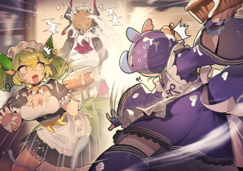 3girls ^^^ apron black_gloves breasts cake cleavage commentary commission dragon_girl dragon_tail duel_monster english_commentary fingerless_gloves food gloves green_hair highres horns house_dragonmaid laundry_dragonmaid maid maid_apron maid_headdress medium_breasts motion_lines multiple_girls open_mouth parlor_dragonmaid pie pixiv_commission purple_skirt ro_g_(oowack) short_hair skirt tail thighs throwing throwing_food throwing_pie twintails white_apron yu-gi-oh!