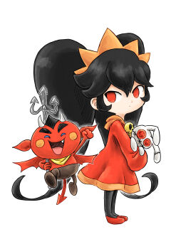 1girl absurdres ashley_(warioware) black_pantyhose demon demon_tail demon_wings dress full_body hair_between_eyes hairband highres holding holding_polearm holding_stuffed_toy holding_weapon kicdon long_hair long_sleeves nintendo pantyhose polearm red_(warioware) red_dress red_eyes red_shoes shoes stuffed_animal stuffed_rabbit stuffed_toy tail trident twintails very_long_hair warioware weapon white_background wings