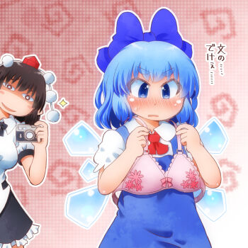 2girls ascot black_skirt blue_bow blue_dress blue_eyes blue_hair blush bow bra breasts camera cirno collared_shirt detached_wings dress frilled_skirt frills hair_bow hat holding holding_bra holding_camera holding_underwear holding_unworn_clothes ice ice_wings matty_(zuwzi) medium_breasts medium_hair multiple_girls open_mouth pinafore_dress pink_bra pom_pom_(clothes) puffy_short_sleeves puffy_sleeves red_ascot red_hat shameimaru_aya shirt short_sleeves skirt sleeveless sleeveless_dress smile sweatdrop tokin_hat touhou translation_request underwear white_shirt wings