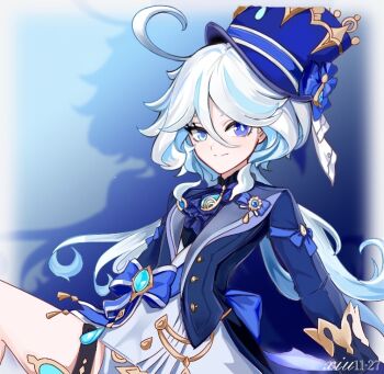 Rule 34 | 1girl, ahoge, ascot, blue ascot, blue bow, blue eyes, blue gem, blue hair, blue hat, blue jacket, blue pupils, bow, chinese commentary, closed mouth, commentary request, dated, drop-shaped pupils, furina (genshin impact), gem, genshin impact, hair between eyes, hat, heterochromia, jacket, long hair, long sleeves, looking at viewer, multicolored hair, smile, solo, streaked hair, symbol-shaped pupils, thigh strap, top hat, vest, white hair, white vest, xiuxiuxiu99900