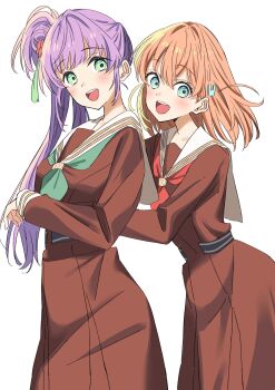 2girls :d aqua_eyes bien_(djpwjd1) blush breasts brown_dress cerise_bouquet cowboy_shot crossed_bangs dress green_eyes green_neckerchief hair_bun hair_ornament hand_on_another&#039;s_back hasu_no_sora_school_uniform highres hinoshita_kaho link!_like!_love_live! long_hair long_sleeves looking_at_viewer love_live! medium_breasts medium_hair multiple_girls neckerchief open_mouth orange_hair otomune_kozue pleated_dress purple_hair rabbit_hair_ornament red_neckerchief sailor_collar sailor_dress school_uniform side_ponytail sidelocks simple_background single_side_bun smile teeth two_side_up upper_teeth_only virtual_youtuber white_background white_sailor_collar winter_uniform