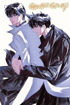 2boys 8d2suga9 :p animal_ears april_fools arms_around_waist black_coat black_eyes black_hair closed_eyes coat english_text highres hug hug_from_behind kemonomimi_mode kim_dokja knees_up lifting_person looking_at_viewer male_focus multiple_boys omniscient_reader&#039;s_viewpoint open_clothes open_coat popped_collar short_hair tail tongue tongue_out white_coat wolf_ears wolf_tail yaoi yoo_joonghyuk