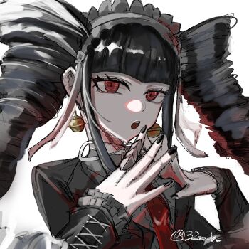 1girl 3zzz1a :o black_hair black_jacket black_nails celestia_ludenberg claw_ring commentary danganronpa:_trigger_happy_havoc danganronpa_(series) drill_hair earrings headdress highres jacket jewelry long_hair long_sleeves looking_at_viewer nail_polish neck_ribbon necktie open_mouth own_hands_together portrait red_eyes red_necktie ribbon shirt sidelocks simple_background solo teeth twin_drills twitter_username upper_teeth_only white_background white_ribbon white_shirt