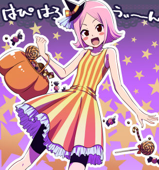 1girl basket bike_shorts bike_shorts_under_skirt bleach blush_stickers breasts brown_eyes candy candy_cane commentary_request cupcake food gradient_background hat holding holding_basket kusajishi_yachiru lido_an0 lollipop medium_breasts mini_hat outline pink_hair purple_background solo star_(symbol) striped_clothes tilted_headwear translation_request witch_hat