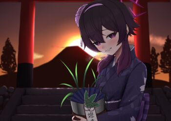 1girl absurdres blue_archive commentary commentary_request english_commentary flambe_(tyoitohikkosi07) floral_print flower flower_pot frilled_sash grin hair_between_eyes hair_flower hair_ornament hairband halo haruka_(blue_archive) haruka_(new_year)_(blue_archive) highres holding holding_flower_pot japanese_clothes kimono light_blush long_sleeves looking_at_viewer mixed-language_commentary mountain new_year official_alternate_costume outdoors plant potted_plant print_kimono purple_eyes purple_hair purple_hairband purple_halo purple_kimono sash smile solo stairs stone_stairs sunrise torii tree upper_body weeds