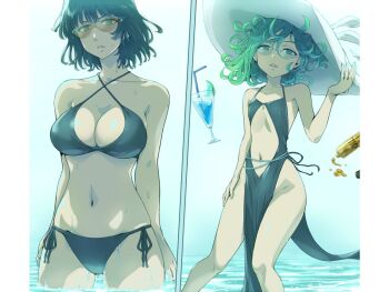 1girl bare_shoulders bikini black_bikini black_hair black_one-piece_swimsuit bottle breasts cleavage clothing_cutout cocktail_glass collarbone criss-cross_halter cup curly_hair drinking_glass drinking_straw female_focus floating floating_object fubuki_(one-punch_man) green_eyes green_hair hairu halterneck hat large_breasts looking_at_viewer navel ocean one-piece_swimsuit one-punch_man outdoors pelvic_curtain psychic short_hair siblings side-tie_bikini_bottom side_slit sisters small_breasts split_screen stomach_cutout sun_hat sunglasses swimsuit tanning_oil tatsumaki telekinesis wading white_hat