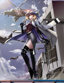 Rule 34 | 1girl, absurdres, aircraft, bad link, beretta 92, black boots, blonde hair, boots, cane, from side, full body, gun, handgun, hat, helicopter, highres, holding, holding cane, holding gun, holding weapon, langley (path to nowhere), outdoors, path to nowhere, side slit, skirt, sky, solo, standing, thigh boots, weapon, zhangmale