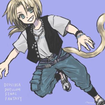 1boy artist_name bead_bracelet beads belt black_vest blonde_hair blue_background blue_eyes blue_pants bracelet cat_tail copyright_name dissidia_duellum_final_fantasy dissidia_final_fantasy final_fantasy final_fantasy_ix full_body grin hair_between_eyes jewelry looking_at_viewer low_ponytail male_focus multiple_belts necklace official_alternate_costume pants parted_bangs ponytail print_shirt shirt shoes sketch smile solo t-shirt tail teeth u5apy0n vest white_shirt white_shoes zidane_tribal