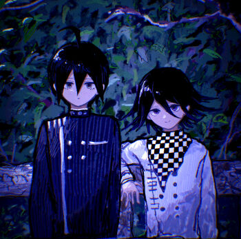 Rule 34 | 2boys, absurdres, ahoge, black hair, blue theme, branch, buttons, checkered clothes, checkered scarf, danganronpa (series), danganronpa v3: killing harmony, flipped hair, hair between eyes, highres, jacket, long sleeves, looking at viewer, male focus, multiple boys, night, nuruma3da4, oma kokichi, pinstripe jacket, pinstripe pattern, purple eyes, saihara shuichi, scarf, short hair, smile, striped clothes, striped jacket, tree, two-tone scarf, upper body