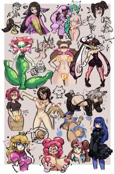 Rule 34 | +++, 6+girls, absurdres, bow, breasts, brown hair, callie (splatoon), censored, character name, character request, commentary, copyright request, crossover, dark-skinned female, dark skin, dress, floette, florges, gen 3 pokemon, gen 6 pokemon, heart, highres, holding, inkling, jacinthe (pokemon), japanese clothes, key, kimono, kurt robinson, lamia, lebanne (pokemon), long hair, mawile, may (pokemon), monster girl, multiple girls, navel, nintendo, patreon logo, patreon logo censor, pokemon, pokemon black 2 and white 2, pokemon legends: z-a, pokemon omega ruby and alpha sapphire, pokemon x and y, princess peach, purple dress, rosa (pokemon), roxanne (pokemon), sparkle, splatoon (series), tentacle hair, tinkaton, twintails, valerie (pokemon), zinnia (pokemon)