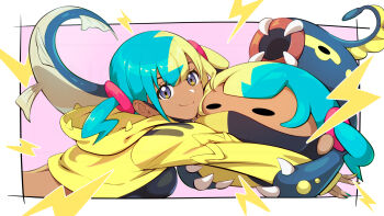 1girl black_shirt border breasts canari_(pokemon) character_doll closed_mouth commentary doll eelektross eyelashes gen_5_pokemon grey_eyes highres holding holding_doll hood hood_down hooded_jacket jacket lightning_bolt_symbol long_sleeves multicolored_hair nail_polish nintendo outside_border pokemon pokemon_(creature) pokemon_legends:_z-a purple_background shirt short_twintails smile tuyumori_kaoru_(alilybell1241) twintails white_border yellow_jacket yellow_nails