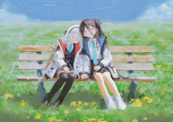 2girls absurdres aris_(blue_archive) arisu_syndrome bench black_hair black_hairband black_shoes black_thighhighs blue_archive blue_necktie breast_pocket chinese_commentary cloud cloudy_sky collared_shirt commentary_request dandelion flower full_body grass hair_between_eyes hairband highres holding_hands horizon jacket kei_(blue_archive) kei_(new_body)_(blue_archive) leaning_on_person long_hair multiple_girls necktie pocket ring_of_light_(blue_archive) shirt shoes sitting sky sleeping thighhighs white_hair white_jacket white_shoes