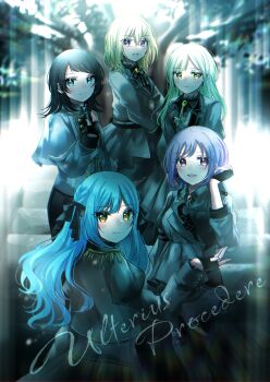 5girls absurdres asahi_rise ave_mujica_(bang_dream!) bang_dream! bang_dream!_it&#039;s_mygo!!!!! black_gloves black_hair black_ribbon blonde_hair blue_eyes blue_hair braid brooch capelet closed_mouth commentary_request earrings fingerless_gloves gloves green_hair grey_capelet grey_jacket hair_between_eyes hair_ribbon hand_up highres jacket jewelry long_hair long_sleeves medium_hair misumi_uika multiple_girls pink_eyes purple_eyes purple_hair ribbon togawa_sakiko wakaba_mutsumi yahata_umiri yellow_eyes yuutenji_nyamu