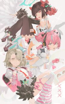 Rule 34 | 3girls, absurdres, angels of delusion, aqua hair, aria (zenless zone zero), arm warmers, bare shoulders, black bow, black skirt, black thighhighs, blue eyes, bow, breasts, center frills, closed mouth, colored inner hair, crossed bangs, darr1o, detached sleeves, dress, earrings, fingerless gloves, frilled sleeves, frills, fur-trimmed skirt, fur-trimmed sleeves, fur trim, gloves, green bow, green eyes, green hair, green halo, hair between eyes, hair bow, hair ornament, halo, hashtag-only commentary, heart, heart hair ornament, highres, jewelry, leg warmers, looking at viewer, multicolored hair, multiple girls, multiple hair bows, multiple hair clips, musical note earrings, nangong yu, necktie, open mouth, pink arm warmers, pink bag, pink gloves, pink hair, pink leg warmers, red bow, red nails, red necktie, scar, scar on back, shirt, short twintails, skirt, small breasts, striped arm warmers, striped leg warmers, sunna (zenless zone zero), thighhighs, twintails, w, white dress, white shirt, white wings, winged bag, wings, zenless zone zero