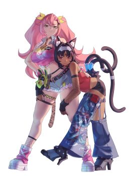 2girls :3 absurdres alternate_costume amillion_(zenless_zone_zero) animal_ear_fluff animal_ears aragiken bangboo_(zenless_zone_zero) barcode barcode_tattoo bare_shoulders black_gloves black_hair blue_pants blue_shorts breasts cable cable_tail cat_ears cat_girl cat_tail closed_mouth commentary corset cutoffs denim denim_shorts denim_vest english_commentary facial_mark fingerless_gloves fishnet_shorts fishnet_sleeves fishnet_socks fishnets forehead_mark forehead_tattoo from_side full_body ghost_print gloves gold_collar hairband hand_on_another's_back hand_on_another's_leg highres large_breasts leopard_tail long_hair looking_at_viewer mechanical_tail midriff multicolored_nails multiple_girls multiple_tails navel nekomiya_mana nicole_demara nicole_demara_(cunning_cutie) official_alternate_costume pants pink_gloves pink_hair pink_shoes pink_tube_top red_corset ribbon shoes shorts simple_background smile socks strapless stuffed_toy tail tattoo thigh_strap triangle triangle_facial_mark tube_top two_side_up two_tails white_background white_hairband yellow_ribbon zenless_zone_zero