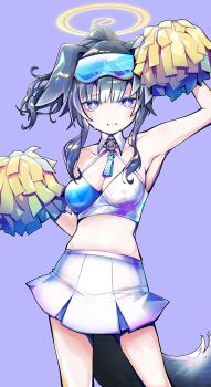 1girl animal_ears arm_up armpits bare_shoulders black_hair blue_archive blush breasts cheerleader choker cleavage collarbone cowboy_shot crop_top dog_ears dog_girl dog_tail eyewear_on_head halo hibiki_(blue_archive) hibiki_(cheer_squad)_(blue_archive) highres holding holding_pom_poms long_hair looking_at_viewer medium_breasts midriff millennium_cheerleader_outfit_(blue_archive) miniskirt navel official_alternate_costume pleated_skirt pom_pom_(cheerleading) pom_poms shirt sia_6767 sidelocks simple_background skirt sleeveless solo standing tail twintails white_skirt