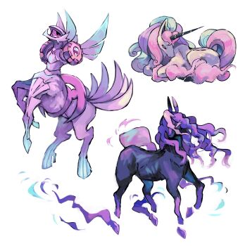 absurdres animal_focus aqua_hair black_fur black_sclera blue_eyes centauroid colored_sclera eyelashes fuji_den_fujiko full_body galarian_form galarian_rapidash gen_4_pokemon gen_8_pokemon highres horns horse legendary_pokemon looking_at_viewer lying nintendo no_humans palkia palkia_(origin) pink_hair pokemon pokemon_(creature) pokemon_focus purple_hair red_eyes simple_background single_horn spectrier standing taur unicorn white_background white_fur