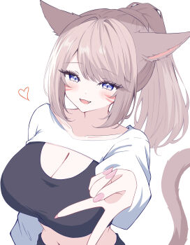 Rule 34 | 1girl, animal ears, arm at side, black sports bra, blue eyes, blush, breasts, cleavage, commentary request, facial mark, fang, final fantasy, final fantasy xiv, fingernails, foreshortening, grey hair, gyaru v, heart, highres, large breasts, long hair, long sleeves, looking at viewer, midriff, miqo'te, nail polish, navel, open mouth, original, outstretched arm, parted bangs, pink nails, ponytail, sena miqo, shrug (clothing), simple background, smile, solo, sports bra, tail, upper body, v, whisker markings, white background, white shrug
