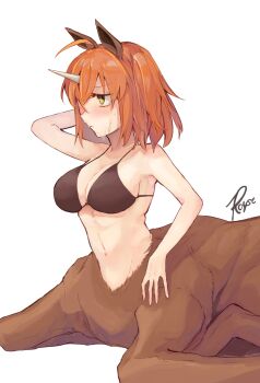 Rule 34 | 1girl, ahoge, animal ears, bikini, breasts, brown bikini, centaur, cleavage, commentary request, fate/grand order, fate (series), fujimaru ritsuka (female), highres, horns, horse ears, large breasts, medium hair, navel, orange eyes, orange hair, royst, side ponytail, signature, simple background, single horn, sweatdrop, swimsuit, taur, white background