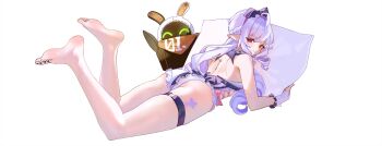 1girl absurdres ahoge ass bangboo_(zenless_zone_zero) bare_back bare_legs bare_shoulders barefoot black_nails bow chinese_commentary closed_mouth commentary_request commission double-parted_bangs eous_(zenless_zone_zero) frilled_one-piece_swimsuit frills full_body hair_ribbon highres leg_tattoo legs legs_up long_hair looking_at_viewer looking_back lying majo_(pastamajo) multicolored_one-piece_swimsuit nail_polish no_shoes official_alternate_costume on_stomach one-piece_swimsuit pillow pink_bow pointy_ears purple_hair purple_one-piece_swimsuit red_eyes ribbon simple_background sleeveless smile swimsuit tattoo thigh_strap thighs toenails toes two-tone_one-piece_swimsuit vivian_banshee vivian_banshee_(iris_of_the_shore) white_background white_one-piece_swimsuit zenless_zone_zero