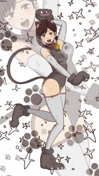 alternate_costume animal_ears animal_hands artist_name bambi2000line bell black_leotard breasts bright_pupils brown_eyes brown_hair cat_ears cat_paws cat_tail chainsaw_man claws collar commentary_request dynamic_pose elbow_gloves embarrassed fake_animal_ears fake_tail full_body gloves hair_ornament hairclip higashiyama_kobeni highres leotard medium_breasts neck_bell parted_bangs paw_pose paw_print projected_inset red_trim sparkle standing standing_on_one_leg steaming_body sweat tail thighhighs white_background white_gloves white_pupils white_thighhighs
