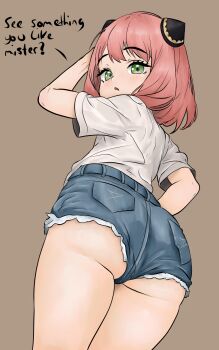 1girl antigens anya_(spy_x_family) ass ass_focus come_hither denim denim_shorts english_text female_focus female_pervert from_behind green_eyes half-closed_eyes highres huge_ass jeans kyojiri_loli loli looking_at_viewer looking_back medium_hair pants pervert pink_hair seductive_gaze sexually_suggestive short_shorts shorts solo spy_x_family standing