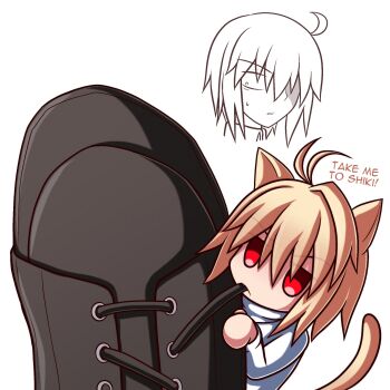 Rule 34 | 2girls, animal ears, arcueid brunestud, biting, blonde hair, boots, brown boots, cat ears, cat girl, cat tail, chibi, ciel (tsukihime), highres, long sleeves, multiple girls, neco-arc, neco spirit, nervous sweating, red eyes, sakurello, short hair, skirt, sweat, tail, tsukihime, tsukihime (remake)