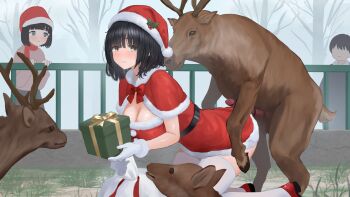 2girls 4boys all_fours animal_penis bar_censor bestiality black_eyes black_hair blush box breasts censored christmas dress erection gift gift_box hat imminent_penetration large_penis looking_at_viewer medium_breasts medium_hair multiple_boys multiple_girls original penis santa_costume santa_dress santa_hat veins veiny_penis