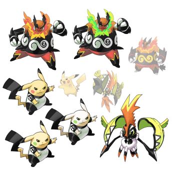 absurdres alternate_color alternate_form ben_10 bodysuit clothed_pokemon commentary crossover emboar full_body furry furry_male gen_1_pokemon gen_5_pokemon gen_7_pokemon green_eyes highres legendary_pokemon mlix multicolored_bodysuit nintendo official_art_inset omnitrix_symbol pig_boy pikachu pokemon reference_inset tapu_koko tusks