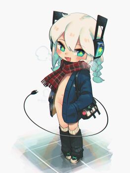 1girl :d absurdres aqua_eyes bag blue_coat blush braid breath coat commentary digitan_(porforever) electric_plug electric_plug_tail english_commentary fang full_body groin hair_between_eyes hands_in_pockets highres leg_warmers lightning_bolt_symbol long_hair long_sleeves naked_coat navel open_clothes open_coat open_mouth original plaid_clothes plaid_scarf porforever robot_ears scarf shoulder_bag simple_background smile solo standing star-shaped_pupils star_(symbol) steaming_body symbol-shaped_pupils tail twin_braids white_background white_hair winter_clothes