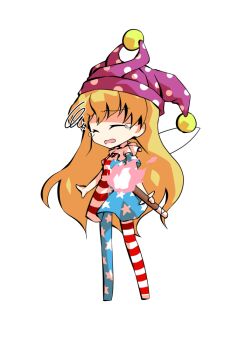 1girl american_flag american_flag_dress american_flag_legwear american_flag_print blonde_hair chibi chibi_only clownpiece commentary_request dairi fairy_wings flag_print full_body hat holding holding_torch jester_cap large_variant_set long_hair no_shoes pantyhose polka_dot_headwear purple_hat short_sleeves simple_background solo tachi-e torch touhou transparent_background variant_set wings