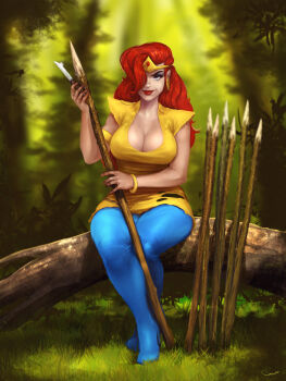 1girl adventures_of_sonic_the_hedgehog armlet blue_boots blue_eyes boots bracelet breasts cleavage commission curtains darren_geers dress earrings eyeshadow female_focus forehead_jewel forest full_body highres hoop_earrings jewelry katella_the_huntress knife large_breasts lipstick makeup nature polearm red_hair short_dress signature simple_background sleeveless sleeveless_dress solo sonic_(series) spear thigh_boots thighhighs tiara weapon yellow_dress