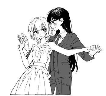 2girls bang_dream! bang_dream!_it&#039;s_mygo!!!!! bare_arms blush closed_mouth collared_shirt commentary_request dress formal_clothes greyscale highres holding_hands interlocked_fingers jewelry kaname_raana korean_commentary long_hair medium_hair monochrome multiple_girls necklace necktie neonfloyd pants shiina_taki shirt smile strapless strapless_dress suit sweat vest waistcoat wolf_cut yuri