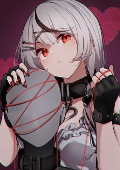 1girl binaural_microphone black_collar black_gloves black_hair breasts camisole collar commentary cowlick ear_piercing earclip expressionless fingerless_gloves frilled_camisole frills gloves hair_ornament hairclip heart heart_collar heart_hair_ornament highres holding holding_string hololive looking_at_viewer medium_breasts medium_hair microphone multicolored_hair neumann_ku_100 parted_lips piercing red_eyes red_nails sakamata_chloe sakamata_chloe_(1st_costume) sleeveless solo streaked_hair string string_of_fate two-tone_hair upper_body virtual_youtuber white_camisole white_hair x_hair_ornament yamaki_(yamaki801)