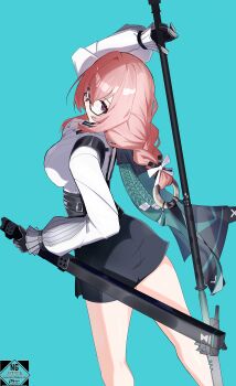 Rule 34 | 1girl, absurdres, black gloves, black skirt, blue background, breasts, closed mouth, commentary, cow, cowboy shot, glasses, gloves, hair between eyes, high-waist skirt, highres, holding, holding polearm, holding weapon, large breasts, long sleeves, naginata, pencil skirt, pink eyes, pink hair, polearm, ring hair ornament, shirt, skirt, solo, tsukishiro yanagi, weapon, white shirt, zenless zone zero, zeroartwo