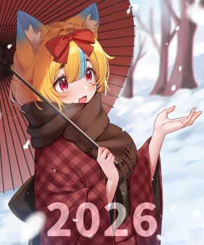 Rule 34 | 1girl, 2026, absurdres, animal ear fluff, animal ears, blonde hair, blue hair, blurry, blurry background, bow, brown scarf, commentary request, day, depth of field, fox ears, fringe trim, hair between eyes, hair bow, highres, japanese clothes, kimono, long sleeves, multicolored hair, original, outdoors, plaid clothes, plaid kimono, red bow, red eyes, red kimono, sakura chiyo (konachi000), scarf, snow, snowing, solo, thick eyebrows, tree, two-tone hair, wide sleeves